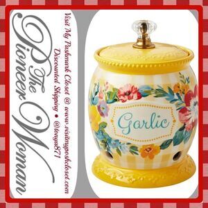 🦋 Pioneer Woman Sweet Romance Yellow Gingham Ceramic Garlic Keeper with Lid